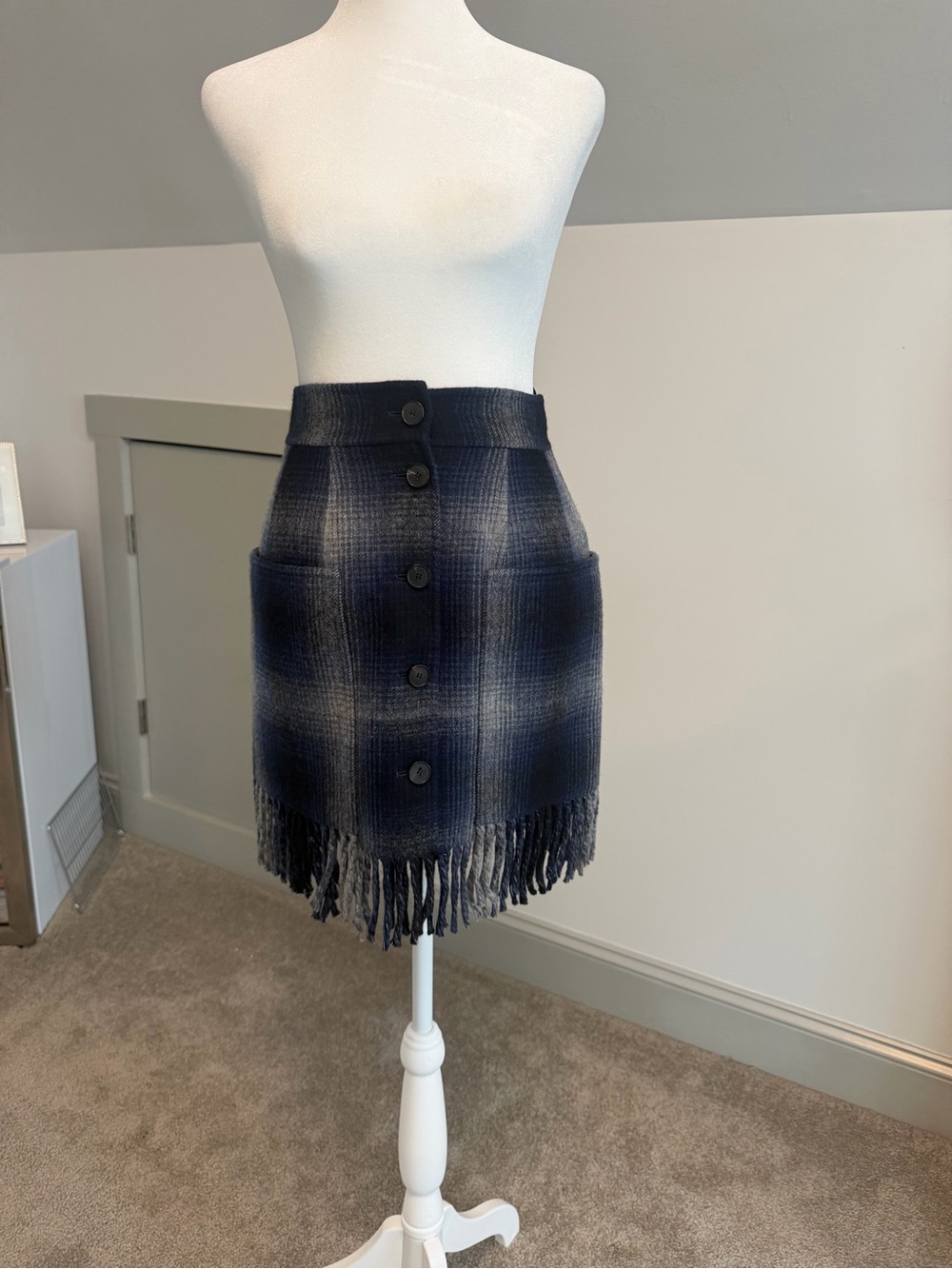 Christian Dior Navy Plaid Virgin Wool Fringe Hem Mini Skirt FR 34 US 2 Authentic